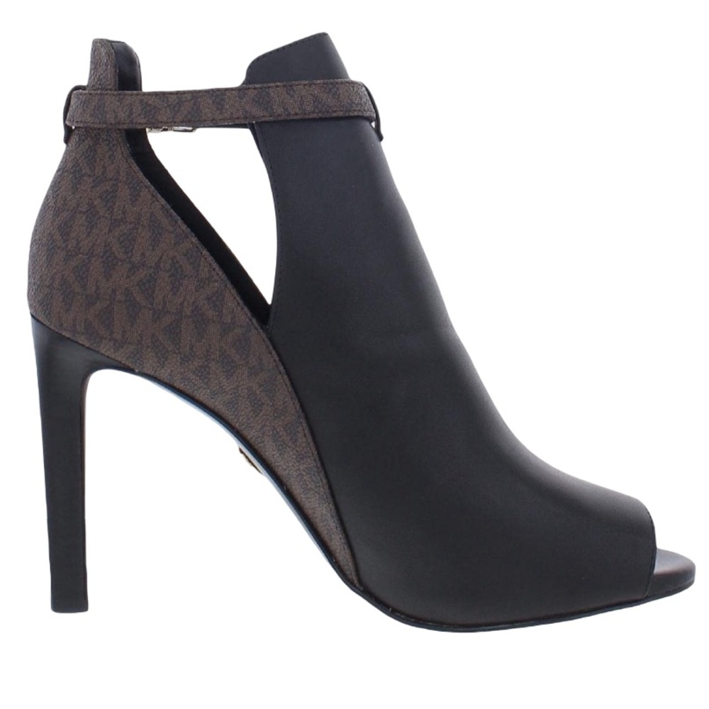 Michael Kors Monogram Booties Lawson Leather Open Toe Boot Black Brown 9.5 $198 - Picture 3 of 7